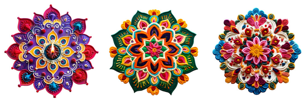 Traditional rangoli artwork with warm tones of red, orange, and yellow arranged in a circular flower design isolated on a white background, png