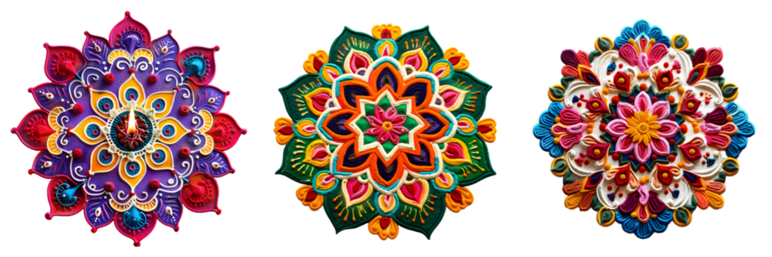 Traditional rangoli artwork with warm tones of red, orange, and yellow arranged in a circular flower design isolated on a white background, png