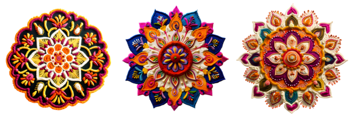 Traditional rangoli artwork with warm tones of red, orange, and yellow arranged in a circular flower design isolated on a white background, png