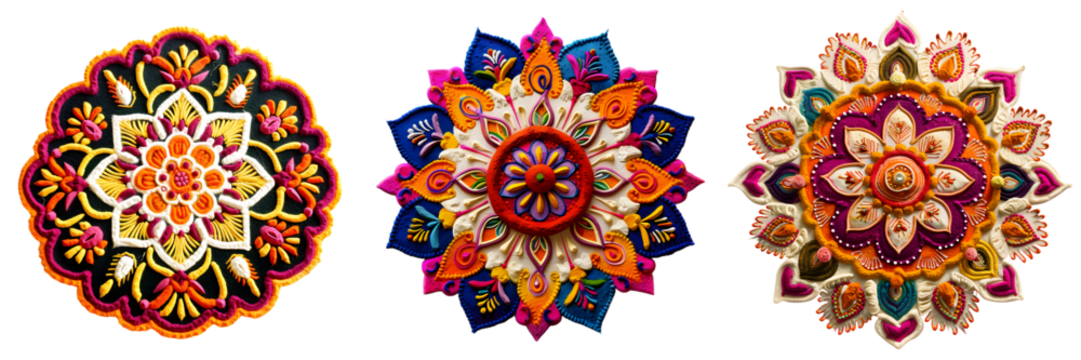Traditional rangoli artwork with warm tones of red, orange, and yellow arranged in a circular flower design isolated on a white background, png