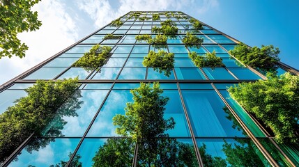 Modern Glass Building with Green Trees and Reflections