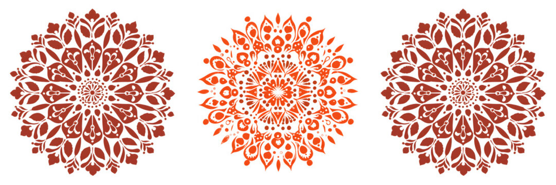 Beautiful traditional rangoli design with intricate red and white floral patterns arranged symmetrically in a circular form isolated on a white background, png