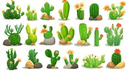 This image illustrates stetsonia, carnegia, selenicereus, and rhipsalidopsis flowers in conjunction with an opuntia or saguaro.