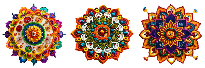 Colorful rangoli design with vibrant shades of blue, orange, and green in an intricate floral circular arrangement isolated on a white background, png