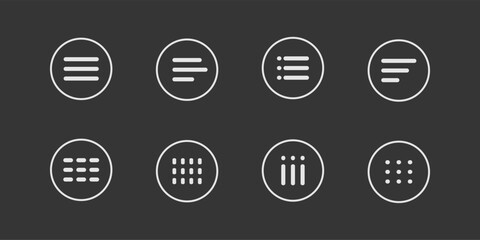 Menu for apps and web Hamburger Menu dropdown in circle. Set interface icons, popup bar, template. Application list burger button