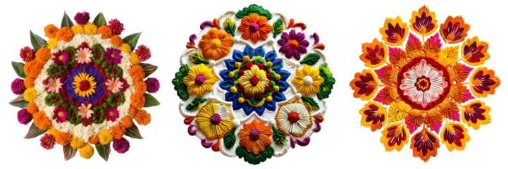 Bright and vibrant rangoli art with multiple colors and intricate detailing in a circular floral pattern isolated on a white background, png