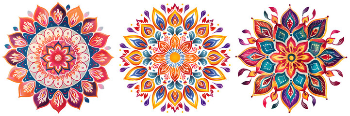 Bright and vibrant rangoli art with multiple colors and intricate detailing in a circular floral pattern isolated on a white background, png