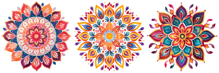 Bright and vibrant rangoli art with multiple colors and intricate detailing in a circular floral pattern isolated on a white background, png