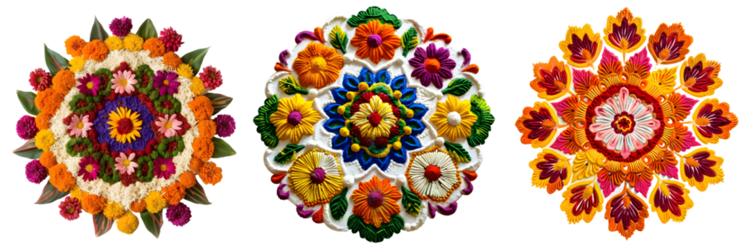 Bright and vibrant rangoli art with multiple colors and intricate detailing in a circular floral pattern isolated on a white background, png