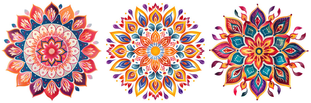 Bright and vibrant rangoli art with multiple colors and intricate detailing in a circular floral pattern isolated on a white background, png - Powered by Adobe