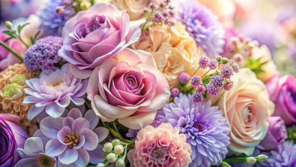 A stunning arrangement showcases an array of roses, daisies, and asters in soft pinks and purples, capturing the essence of spring in a tranquil garden
