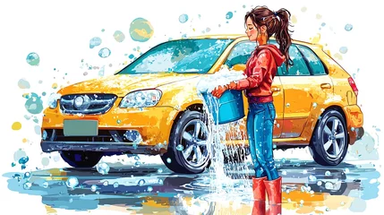 Selbstklebende Fototapeten Bright cartoon illustration of a girl washing a car at the car wash with lots of soap and bubbles new beautiful stock image illustration AI © Serhii