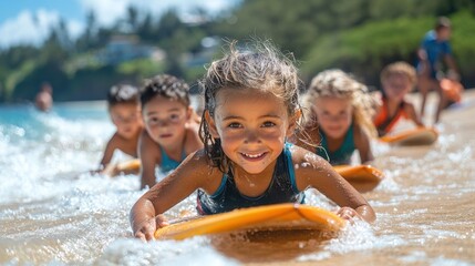 Children practicing their surf stance on the sand under the guidance of an instructor, with parents watching nearby