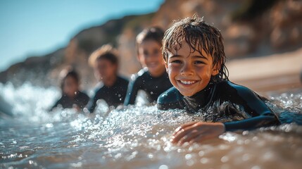 A surf instructor demonstrating a maneuver on the sand while a family watches attentively, ready to try it out in the water