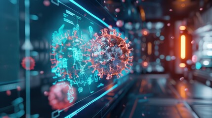 Fototapeta premium A digital model of the Coronavirus sits on a digital screen. The screen is made of glass and has glowing blue and red lines. The virus is 3D rendered and looks realistic