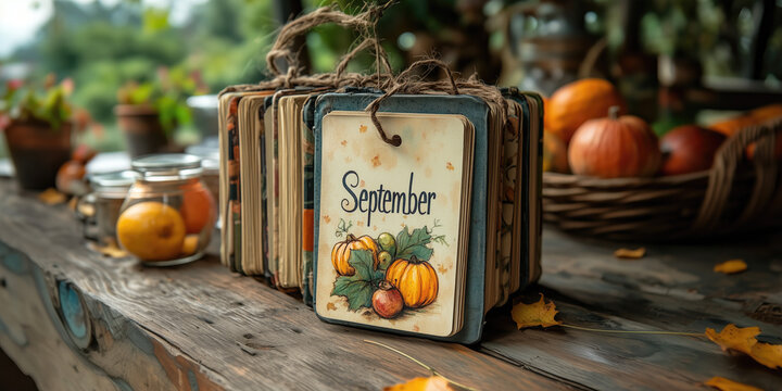 Cuaderno vintage con hojas de cart&oacute;n a modo de recetario antiguo, anudado sobre mesa de madera, frutos, verde de fondo, exterior, recetas de cocina con calabazas viejo desgastado, blog, web, recurso