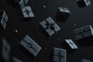 Black Friday banner with black gift boxes. Premium concept in dark background. 