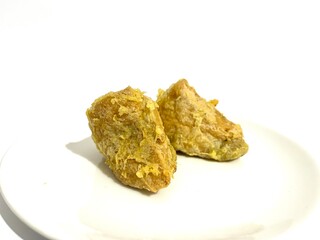 Indonesian traditional snack named Tahu Bakso made from deep fried tofu filled with meat mixture isolated on white background