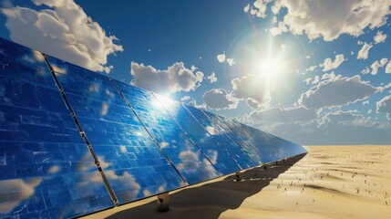 Solar panels in a desert landscape under a bright blue sky with fluffy clouds reflecting sunlight A vast sandy area surrounds the installation, emphasizing renewable energy