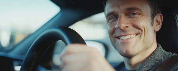 Obraz premium Happy man sitting in his new car with a big smile, experiencing joy and satisfaction. Close-up portrait of a bearded man enjoying the comfort and excitement of a new vehicle.