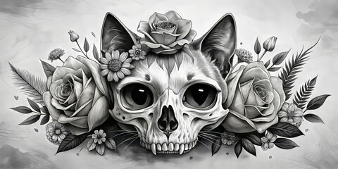 A serene cat skull sits atop a bed of tiny bones, surrounded by lush blooms and wispy tendrils,