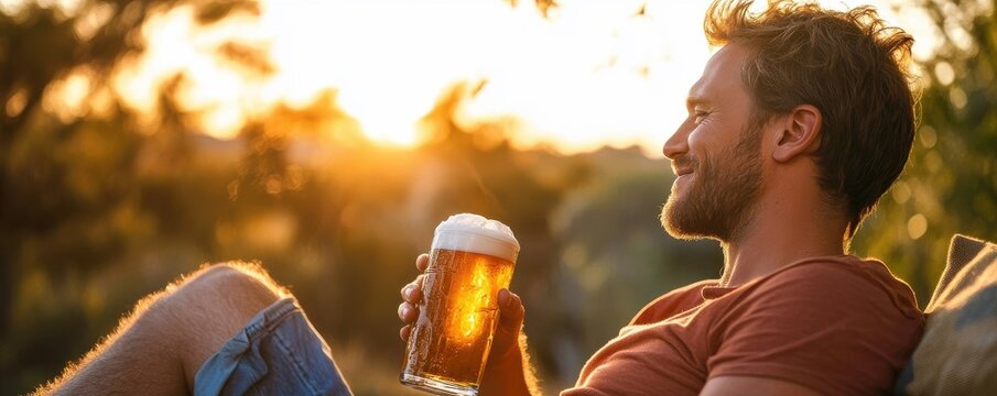 Close-up of a smiling man enjoying a beer outdoors with golden sunlight, capturing the essence of relaxation and leisure in a natural setting.