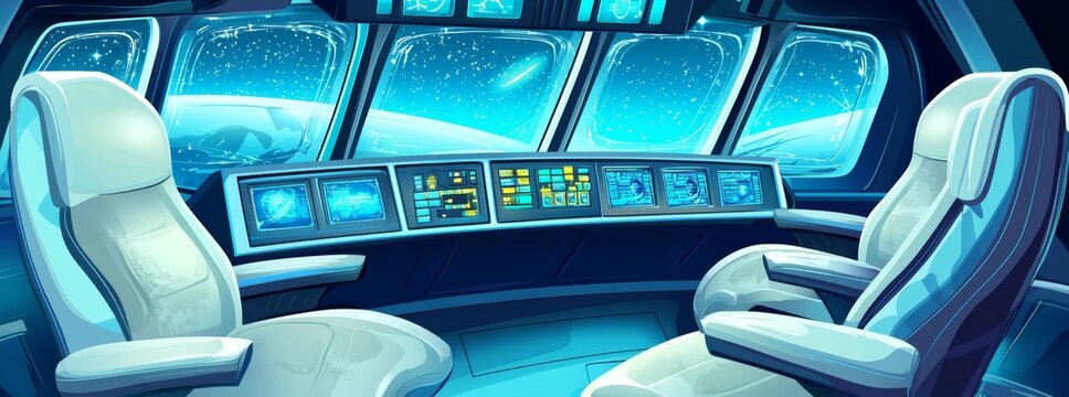 Spaceship cockpit interior. Cartoon illustration showing a space shuttle cabin in flight in the night sky, pilot seats, computer dashboard with buttons and displays, planet and stars seen through the