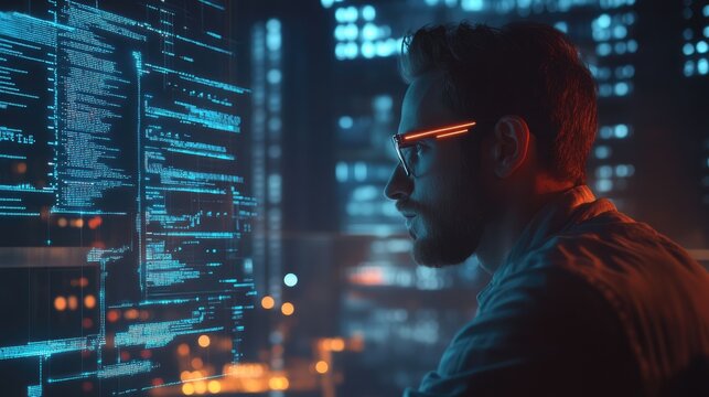 A focused programmer working late at night, surrounded by lines of code, looking at a large screen displaying programming code.