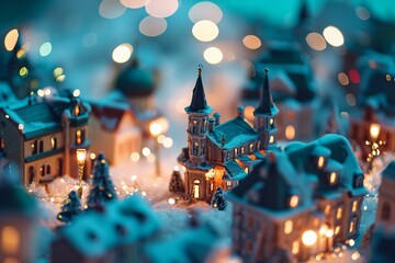 Obraz premium mini landscape of a gingerbread magical town, Christmas atmosphere, with snow, blue, war tones