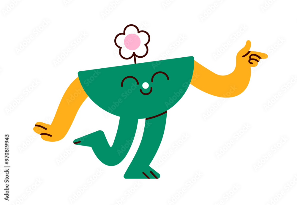 Poster Cute happy geometric character. Funny abstract figure with joyful expression, smiling face. Childish creative quirky geometry element with flower. Flat vector illustration isolated on white background