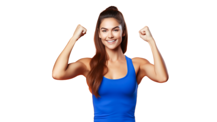 Young sporty woman showing arm muscles smiling proud on transparent background PNG.