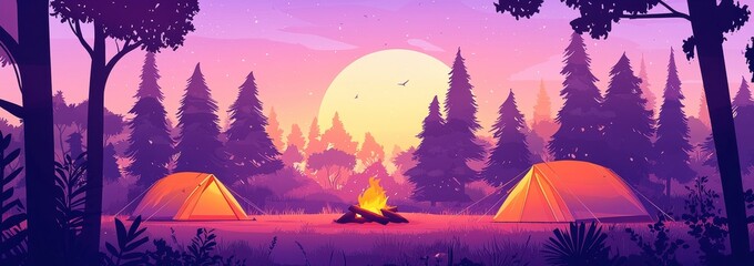 Camping tent in forest between mountains. Outdoor camping adventure lifestyle with picnic and hiking activity. Adorable trail vacation background.
