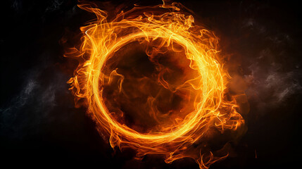 Glowing neon flame creates circular pattern on dark background. Generative AI