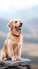 Obraz premium A Golden Retriever sitting on a rugged stone podium in a natural setting.