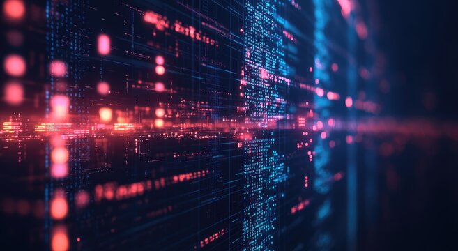 Abstract digital background with glowing lines of code in red and blue.