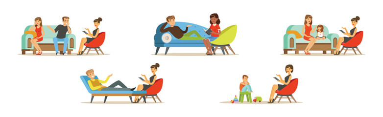 People Character Visit Psychologist Having Psychotherapy Vector Set