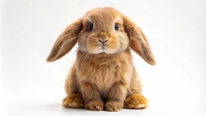 A small, fluffy brown toy bunny perches on a crisp white background, its long, floppy ears comically oversized.