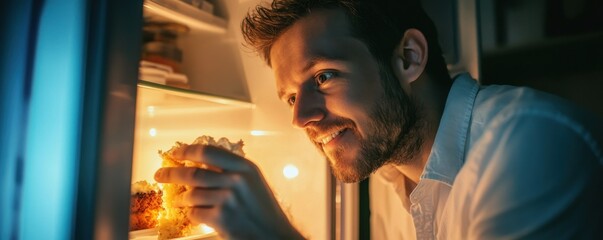 Smiling man sneaking a piece of cake from the refrigerator at night, highlighting a guilty pleasure and midnight snack moment.