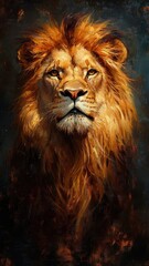 Naklejka premium Oil painting style, a regal lion with rich brushstrokes, detailed mane, and warm lighting in a classic portrait.