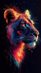 Digital art style, a futuristic lion with neon highlights, vibrant colors, and a sleek, modern design.