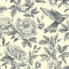 Fototapeta premium Vintage floral pattern with peonies and birds on a light background