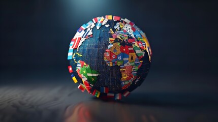 Earth Globe 3D Icon with a Ring of Flags Around as International Symbol