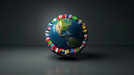 Earth Globe 3D Icon with a Ring of Flags Around as International Symbol