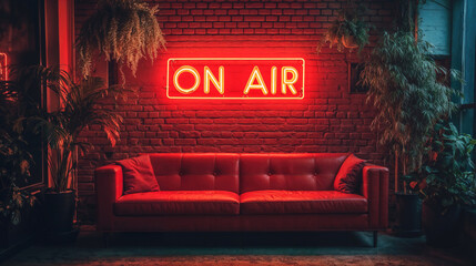Background of a room with a red leather sofa with a neon sign that says “On Air” above it.