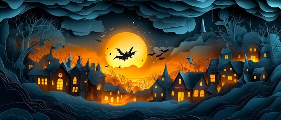 A spooky Halloween scene with a full moon, bats, and eerie houses.