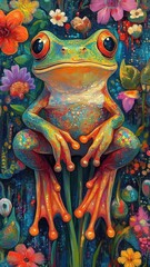 Fototapeta premium Playful, Textured pattern, a frog illustrated with lively, intricate patterns and dynamic textures, creating a vibrant and engaging image.