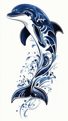 Naklejka premium A dolphin rendered in woodblock print style, featuring bold lines and traditional patterns for a classic and artistic effect.