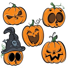 Set with pumpkins as jack-o-lanterns for Halloween with different emotions. Colorful hand-draw illustration for your prodjects