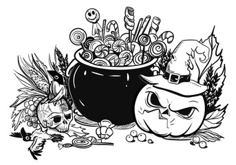 Black and white Halloween composition with an angry pumpkin in a hat, a skull and crows near a cauldron full of candy. Dry autumn leaves and berries