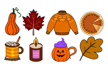set of halloween pumpkins and leaves, autumn drinks, candle, pumpkin pie,  a cozy collection, a slice of pumpkin pie, a hot drink with marshmallows